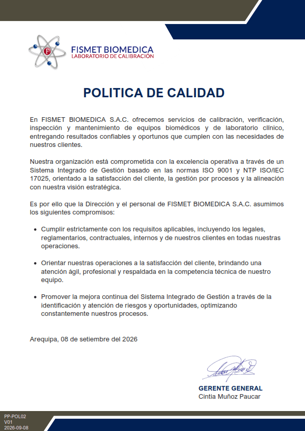 Vista previa de Política de calidad de FISMET Biomédica