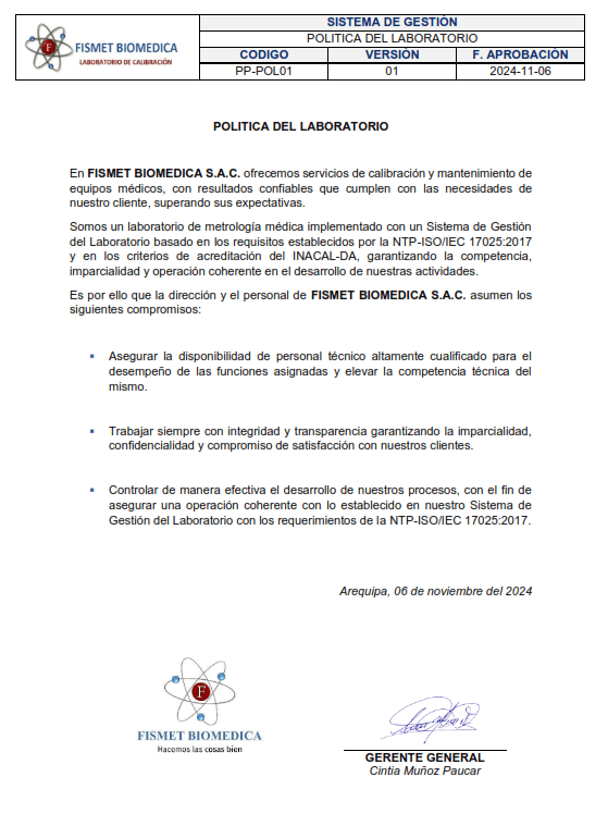 Vista previa de Política del laboratorio de calibración de FISMET Biomédica