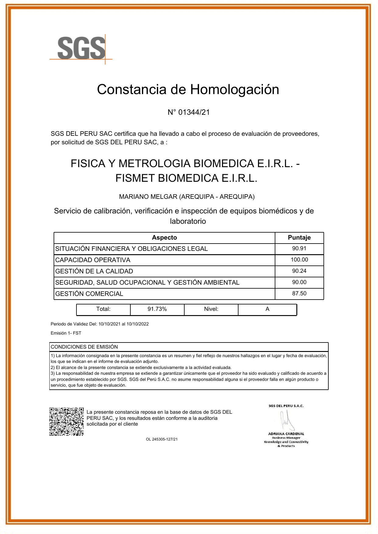 Vista previa de Homologación SGS de FISMET Biomédica