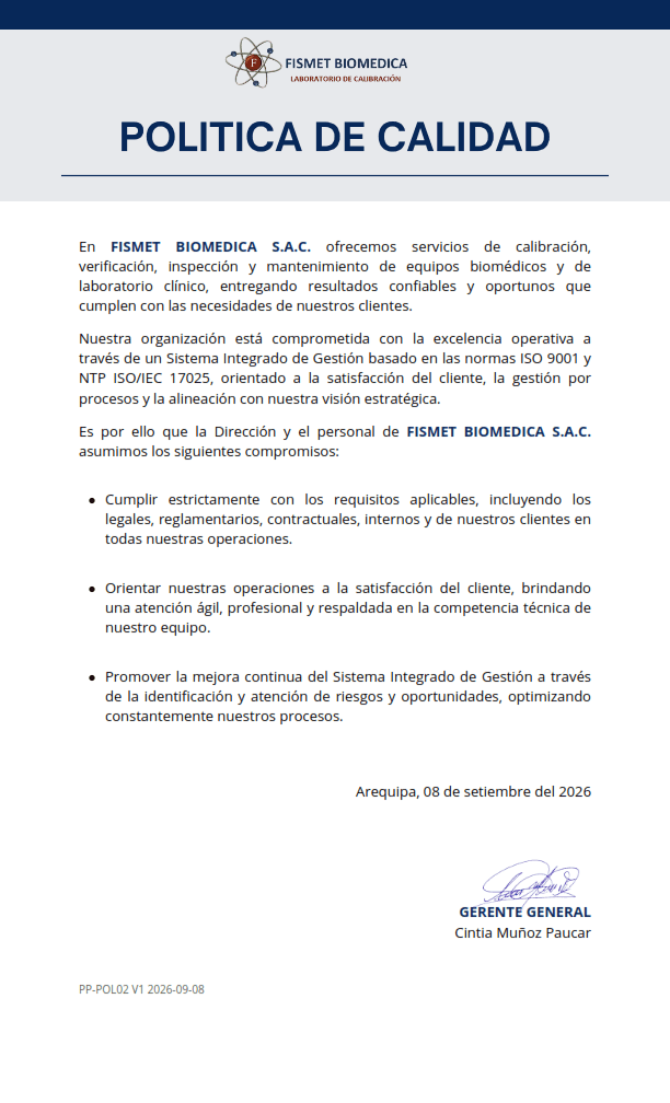 Vista previa de Política de calidad de FISMET Biomédica